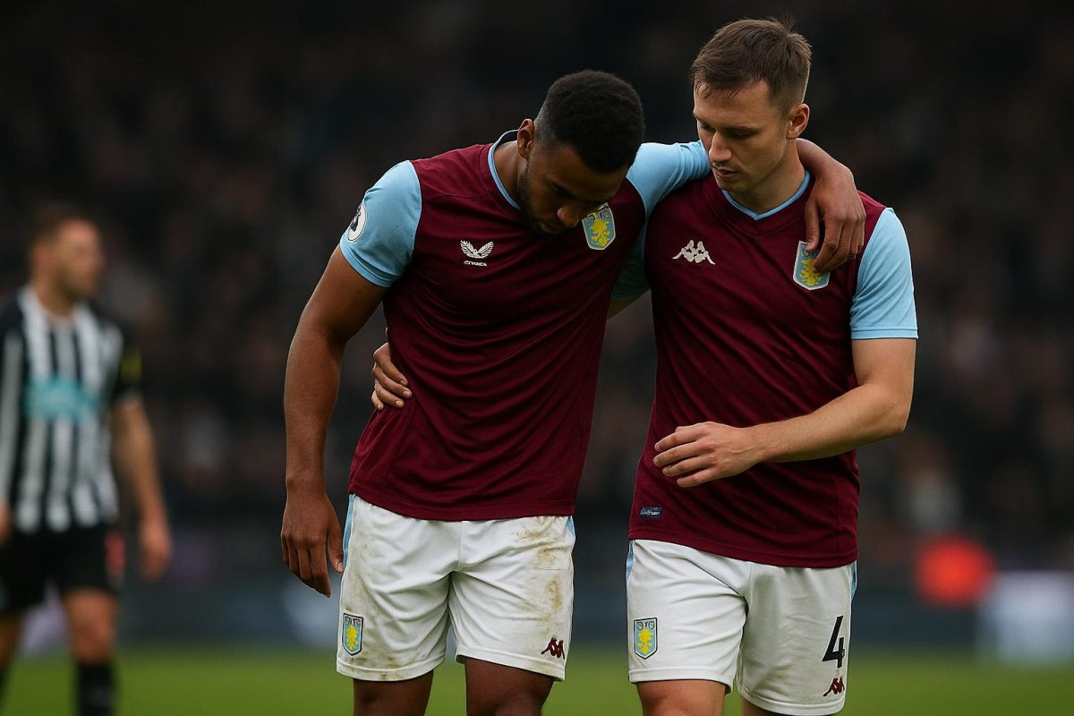 Youri Tielemans van Aston Villa verlaat geblesseerd het veld na een duel tegen Newcastle.