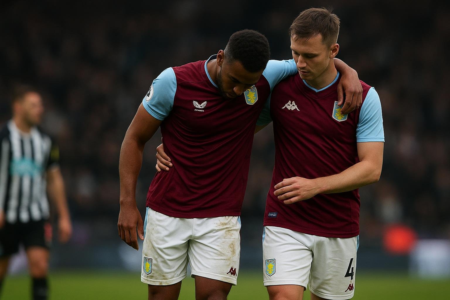 Youri Tielemans van Aston Villa verlaat geblesseerd het veld na een duel tegen Newcastle.