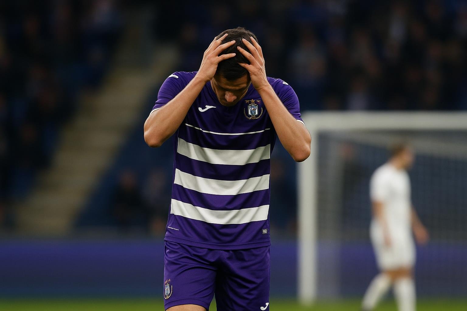 Spelers van RSC Anderlecht reageren teleurgesteld na een gemiste kans in een wedstrijdsituatie.