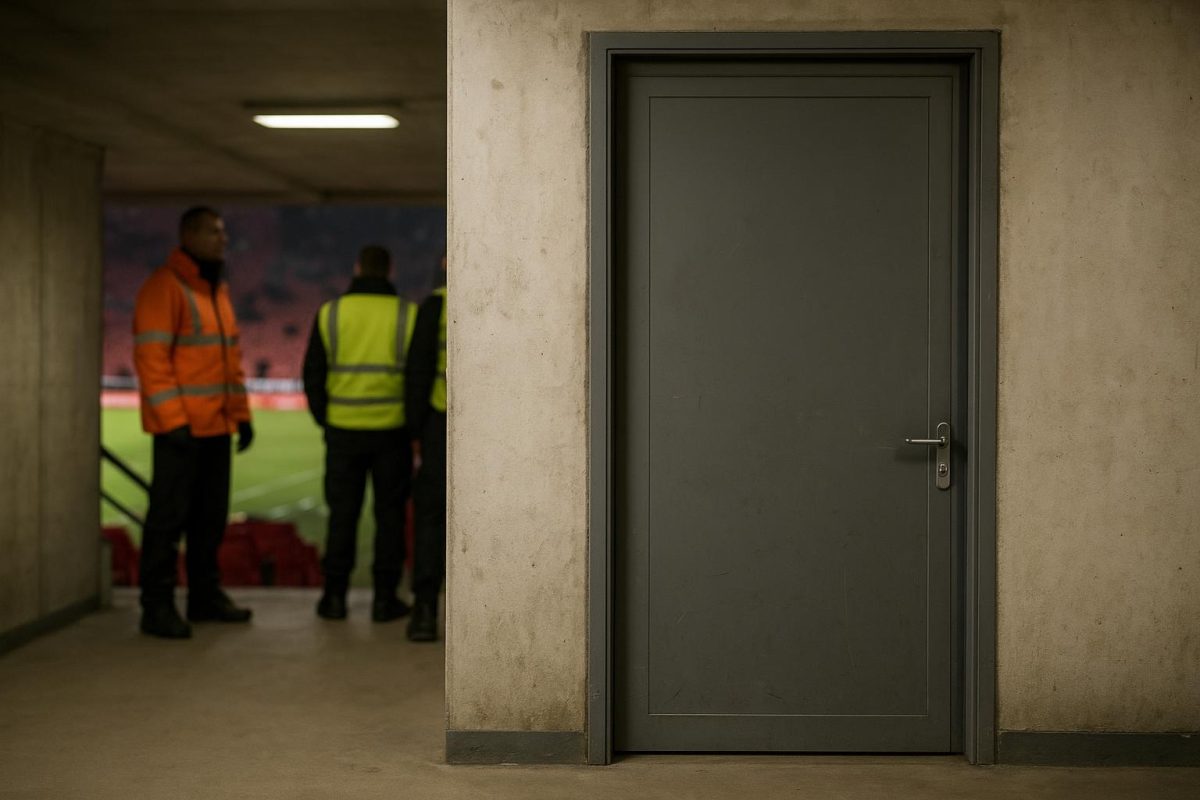 Beveiliging aan een kleedkamerdeur in een stadion tijdens een wedstrijd van Standard Luik