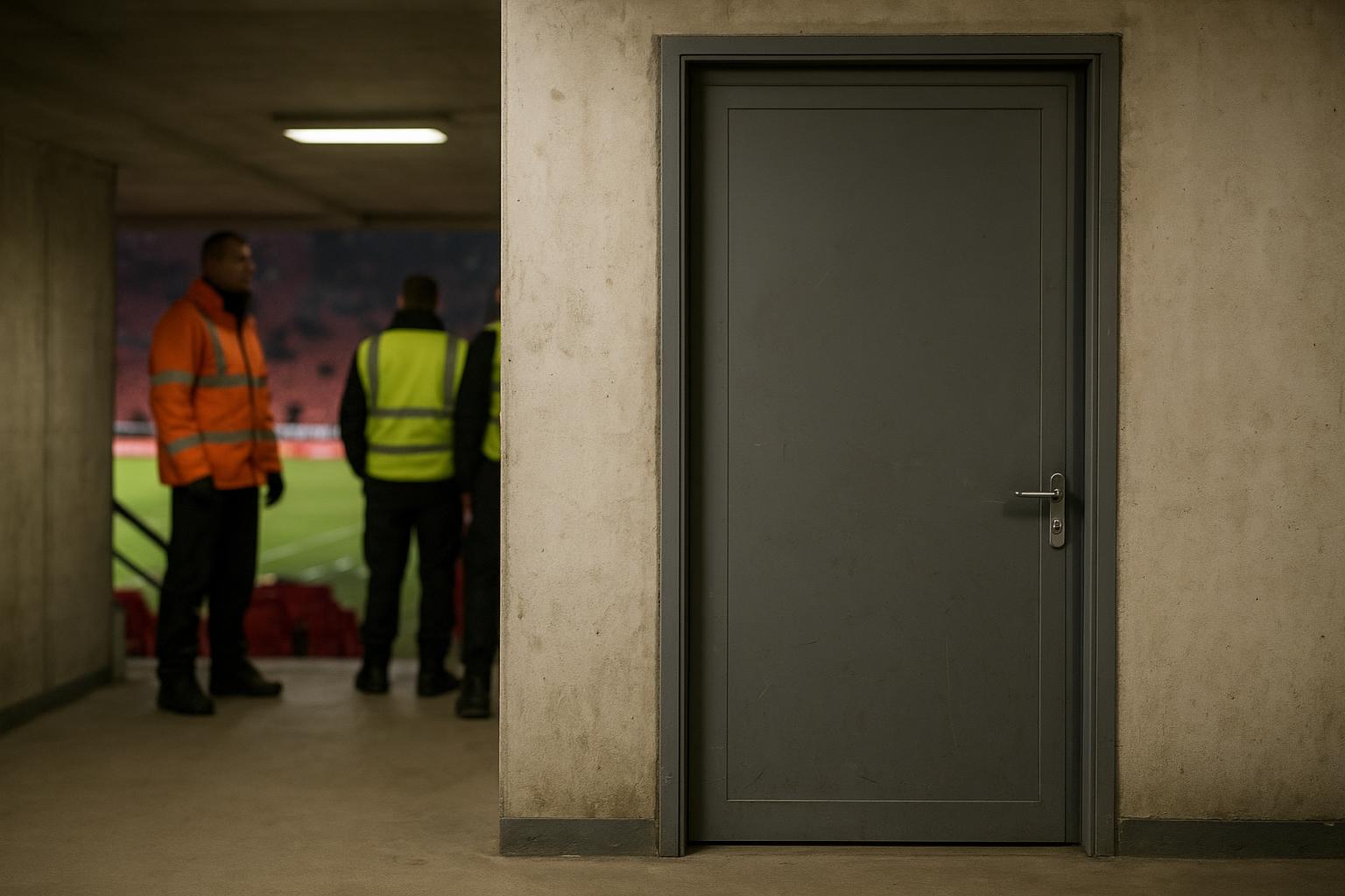 Beveiliging aan een kleedkamerdeur in een stadion tijdens een wedstrijd van Standard Luik