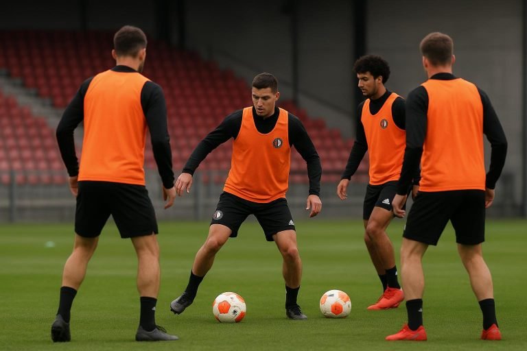 Trainingcontext bij Feyenoord met verdedigers op de achtergrond, in aanloop naar het duel met Real Betis