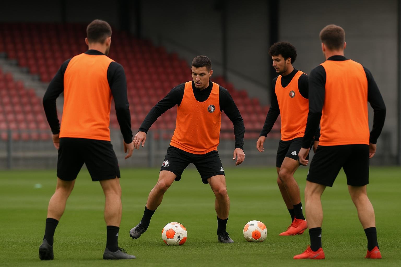 Trainingcontext bij Feyenoord met verdedigers op de achtergrond, in aanloop naar het duel met Real Betis