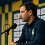 David Hubert tijdens een persmoment van Union SG in aanloop naar de Champions League-wedstrijd in Brussel