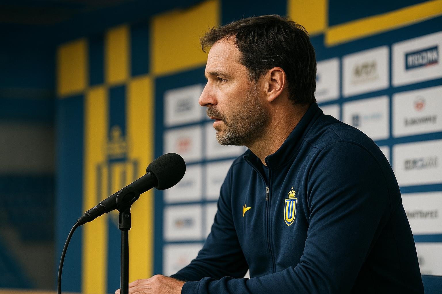 David Hubert tijdens een persmoment van Union SG in aanloop naar de Champions League-wedstrijd in Brussel