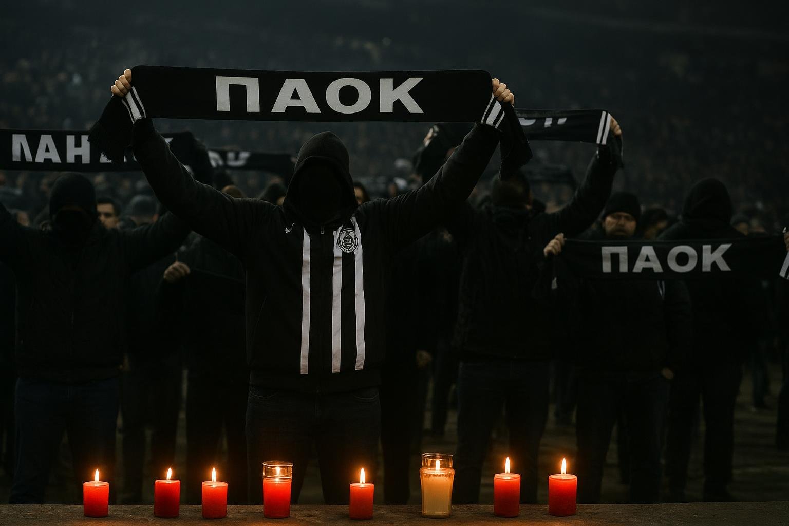 Herdenkingsmoment voor PAOK-supporters met kaarsen bij een stadionomgeving