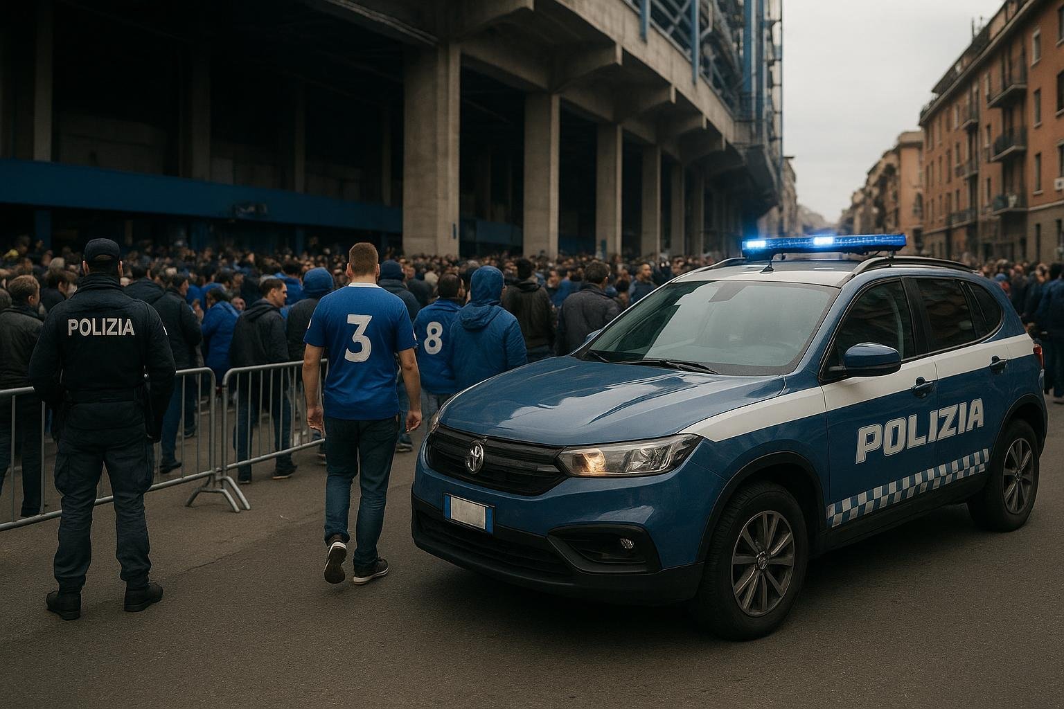 Avondlijk straatbeeld in Napels met politie en supporterssfeer zonder herkenbare gezichten