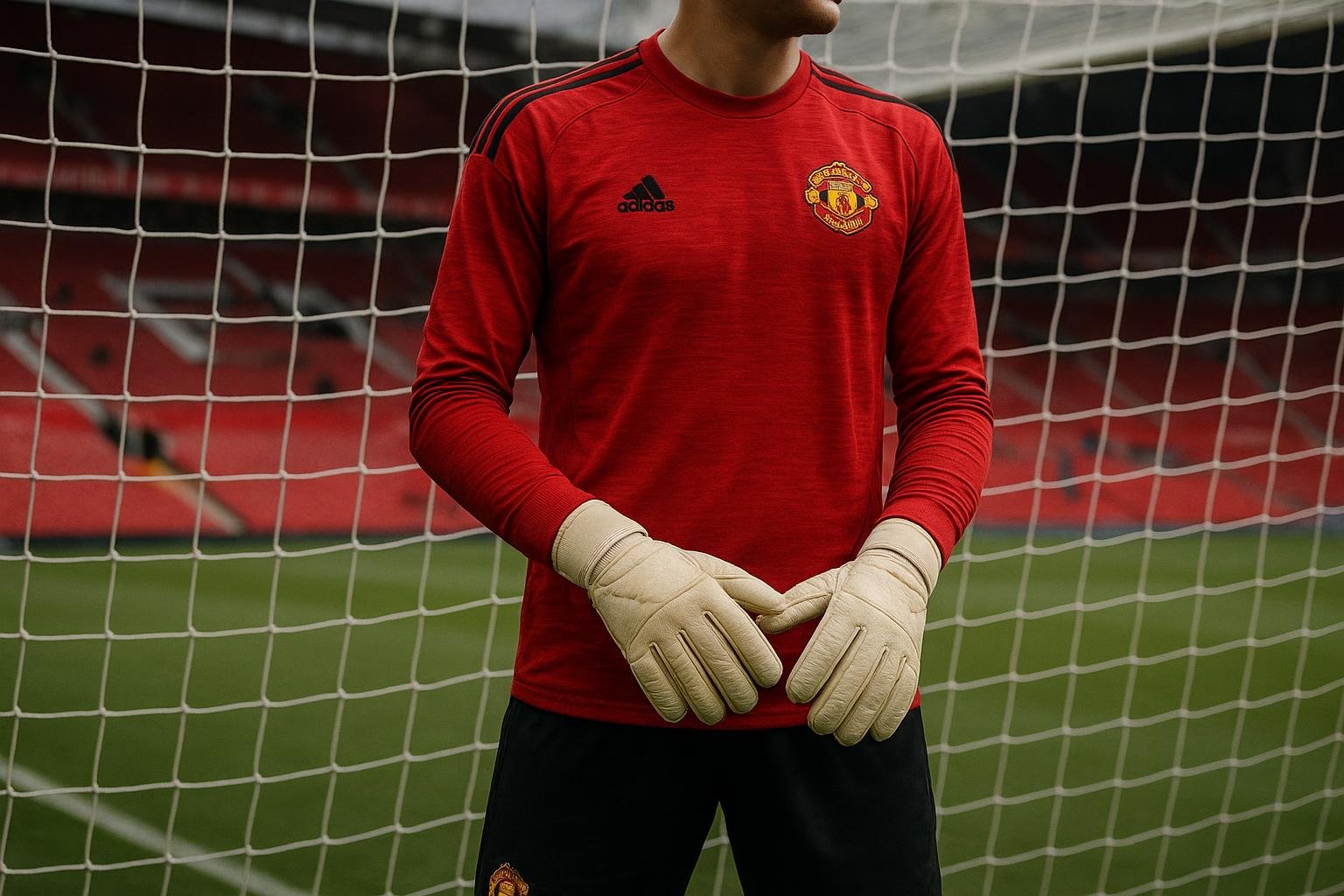 Senne Lammens in trainingscontext bij Manchester United, met een doelnet op de achtergrond