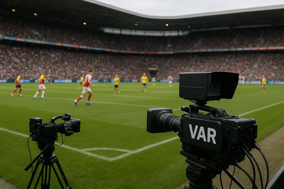 Stadionbeeld tijdens RAAL La Louvière tegen STVV met VAR-camera’s langs de zijlijn