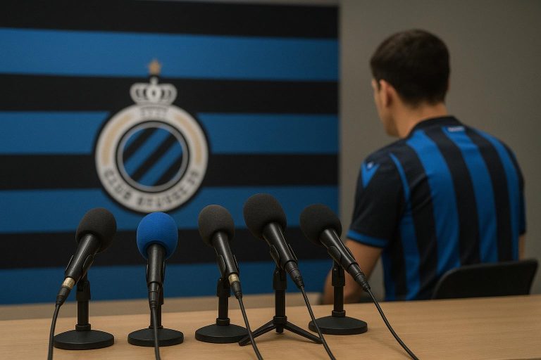 Persmoment bij Club Brugge in Jan Breydelstadion in aanloop naar de match tegen Marseille