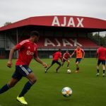 Jeugdspelers op een trainingsveld in de kleuren van Ajax
