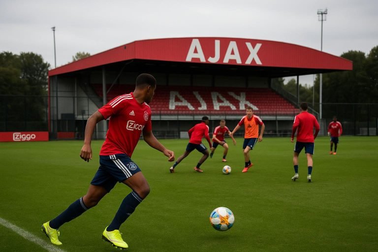Jeugdspelers op een trainingsveld in de kleuren van Ajax