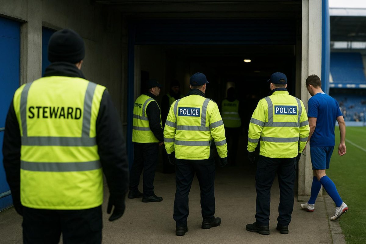 Politie en stewards in een stadionomgeving tijdens onrust rond FC Utrecht en KRC Genk in de Europa League.