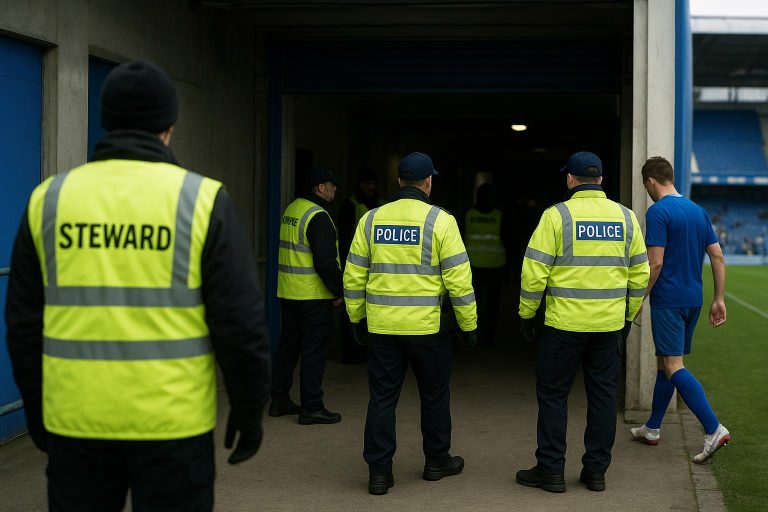 Politie en stewards in een stadionomgeving tijdens onrust rond FC Utrecht en KRC Genk in de Europa League.