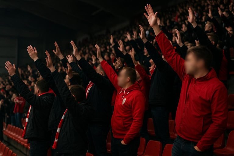 Sfeerbeeld in het stadion van Standard Luik met supporters op de tribune