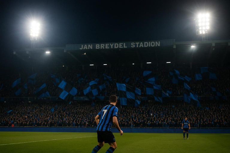 Sfeershot in het Jan Breydelstadion tijdens een Champions League-avond met Club Brugge-kleuren