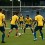 Trainingsoverzicht bij KVC Westerlo met spelers in aanvalsoefening