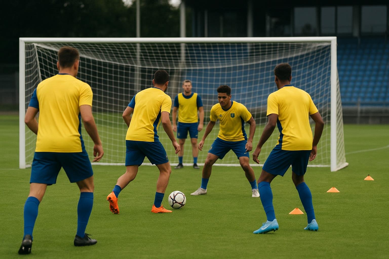 Trainingsoverzicht bij KVC Westerlo met spelers in aanvalsoefening