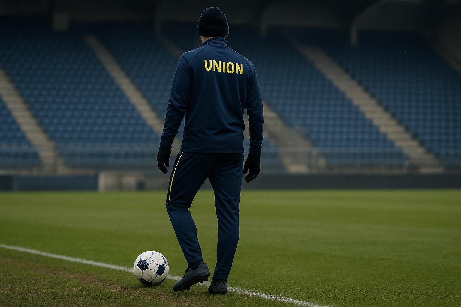 Promise David van Union Saint-Gilloise in trainingscontext, gezien vanop afstand zonder herkenbare gezichten