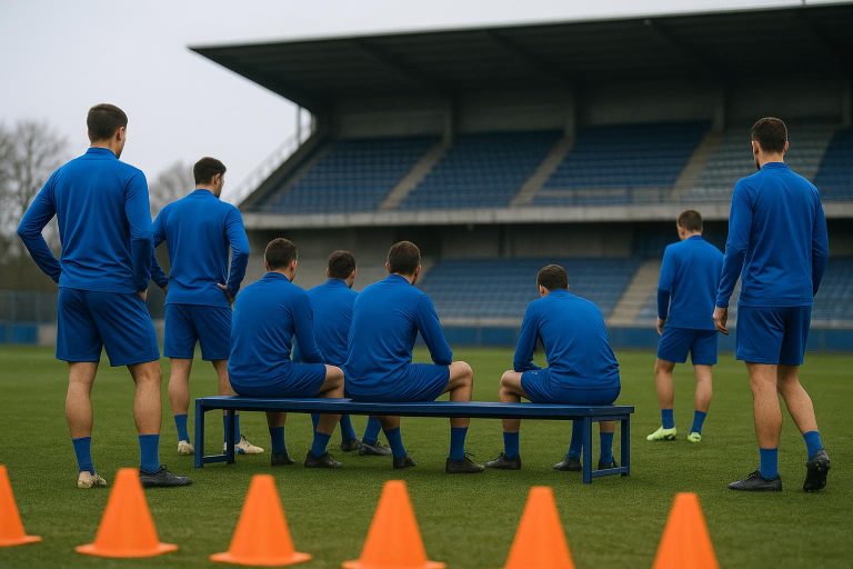 Sfeerbeeld bij KRC Genk met spelers op training en een bank op de achtergrond