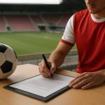 Transfercontext met documenten en stadionomgeving zonder herkenbare gezichten