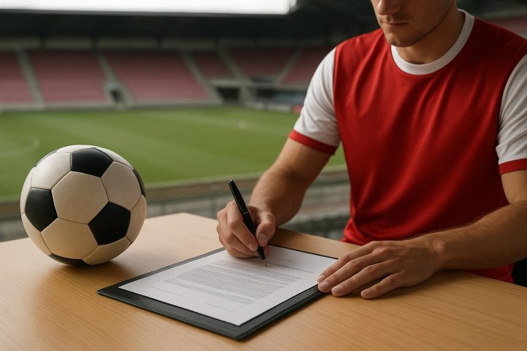 Transfercontext met documenten en stadionomgeving zonder herkenbare gezichten