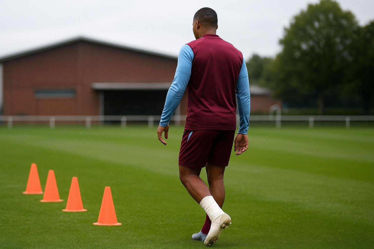 Youri Tielemans van Aston Villa tijdens een training, met focus op een enkelblessurecontext