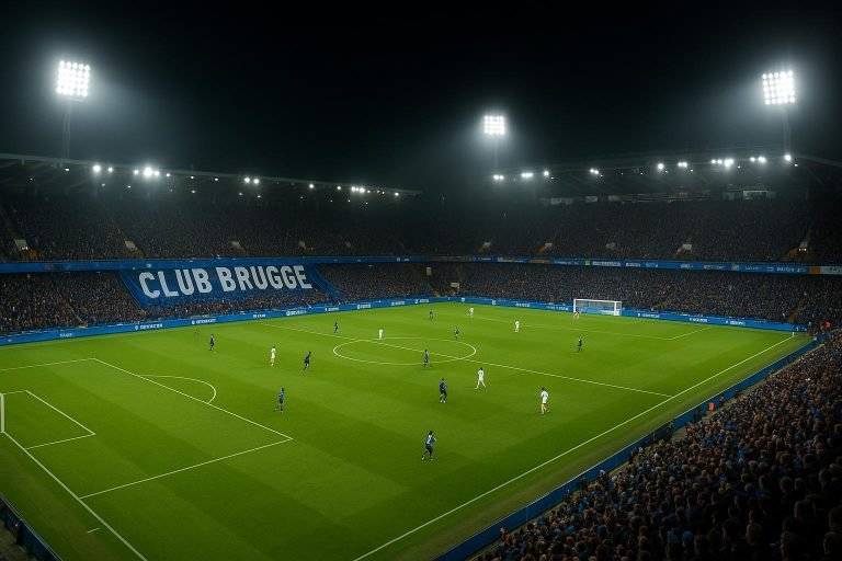 Stadion van Club Brugge tijdens een avondwedstrijd