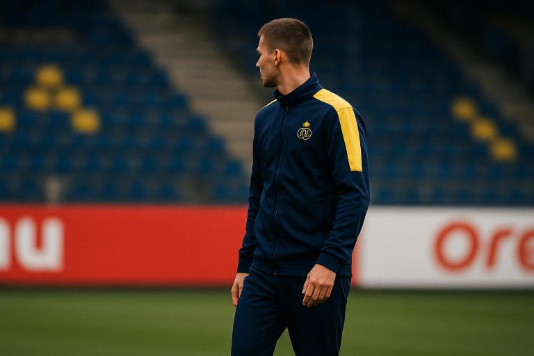 Christian Makaté, spits van Union, in wedstrijduitrusting tijdens een moment op het veld