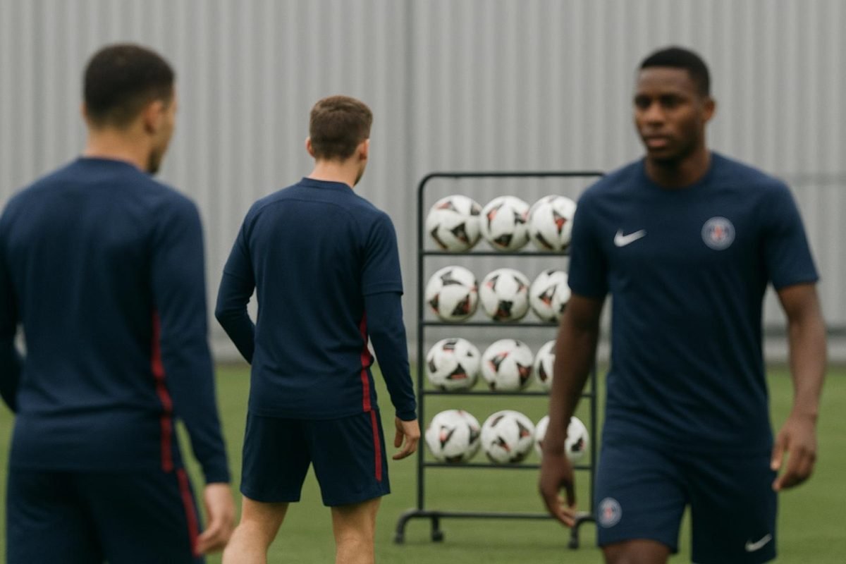 Spelers van PSG op training, in een context rond de toekomst van Ousmane Dembélé