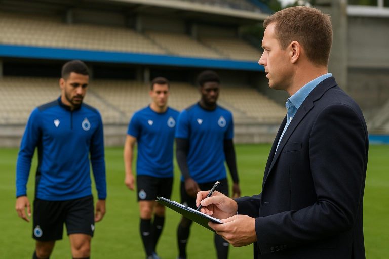 Spelers van KRC Genk en Club Brugge in een trainingscontext rond het middenveld