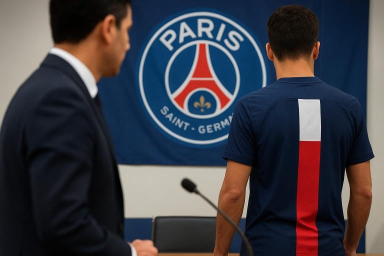 Een neutrale sfeerfoto rond een transferaankondiging van Paris Saint-Germain met verwijzing naar FC Barcelona