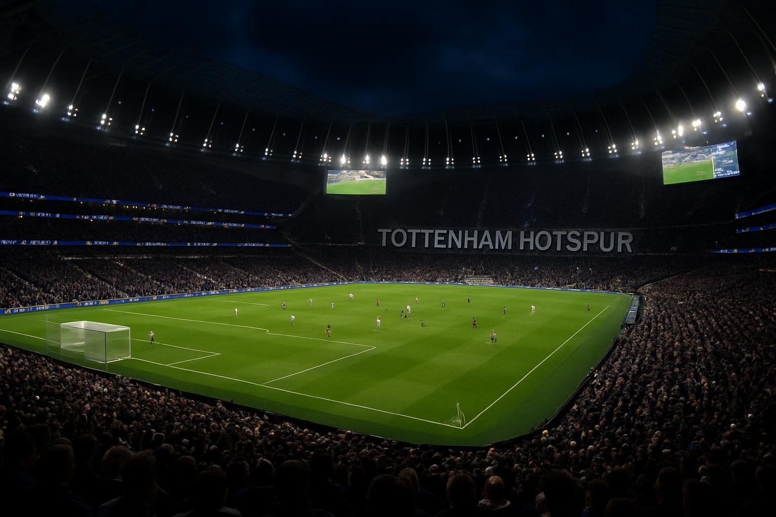 Zicht op het stadion van Tottenham Hotspur tijdens een avondwedstrijd