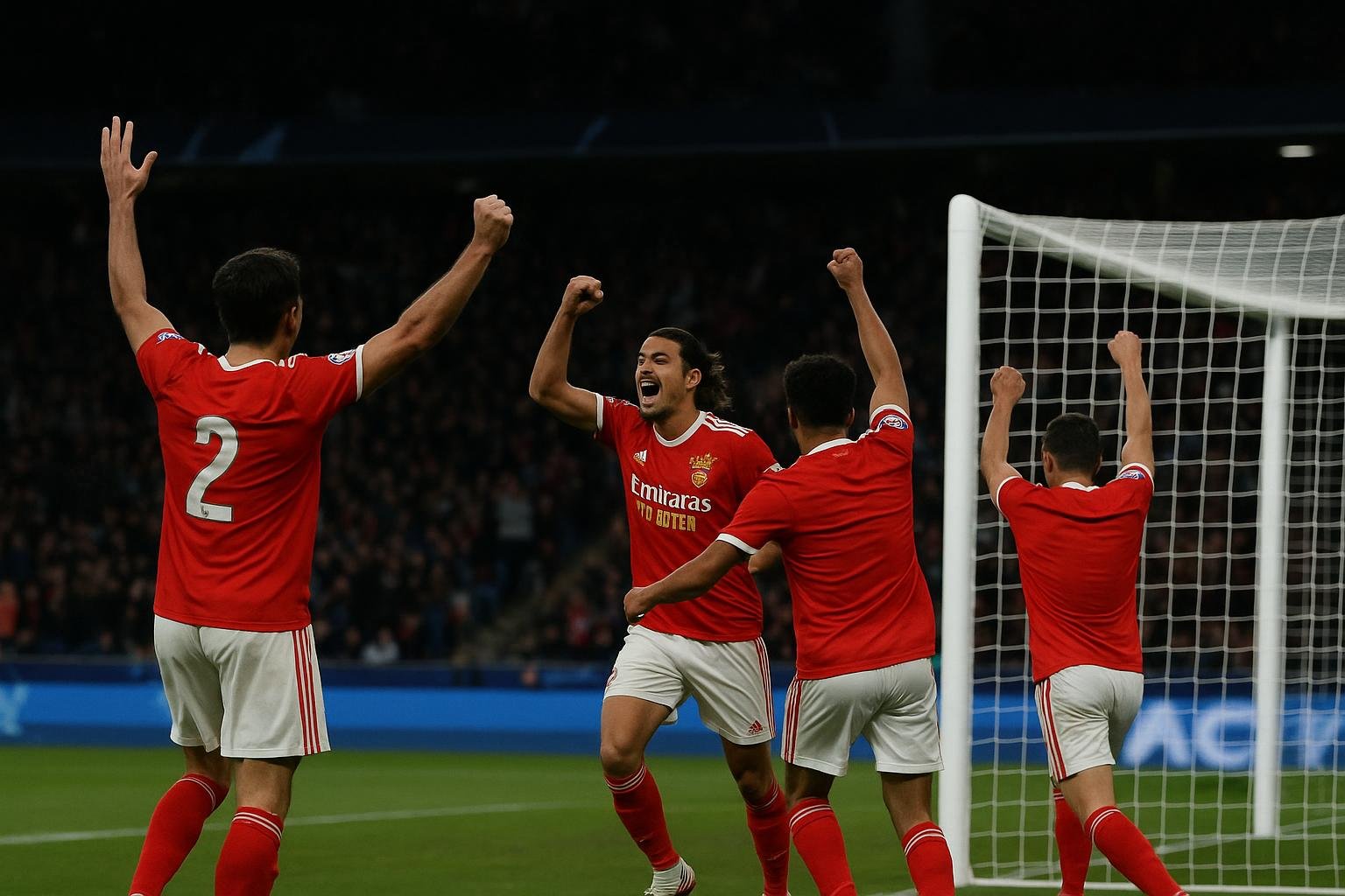 Spelers van Benfica vieren in het stadion na een late beslissende goal tegen Real Madrid