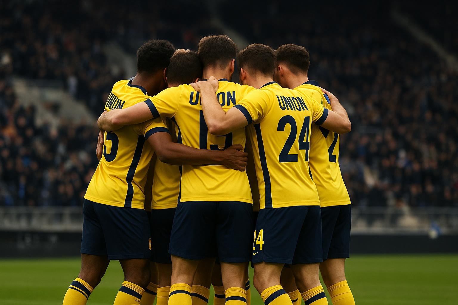 Spelers van Union SG vieren een doelpunt in het Dudenpark na de match tegen Atalanta
