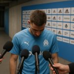 Mehdi Benatia van Olympique Marseille reageert na de 3-0-nederlaag bij Club Brugge