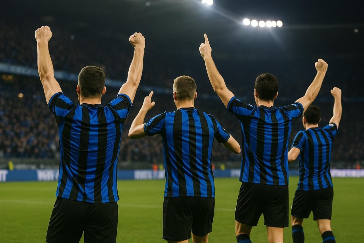 Spelers van Club Brugge vieren een Europese zege in het stadion