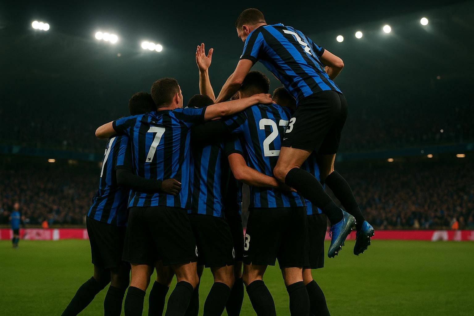 Spelers van Club Brugge vieren een Europese overwinning in het stadion
