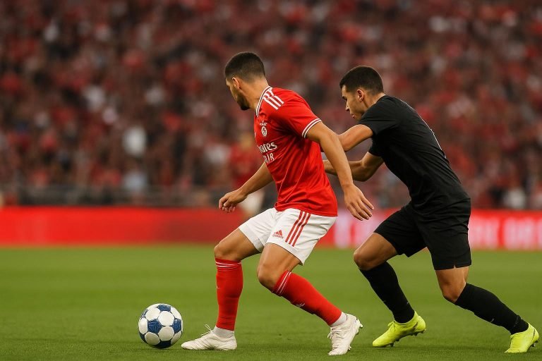 Actiefoto van Andreas Schjelderup in Benfica-tenue tijdens een wedstrijdmoment in het stadion.