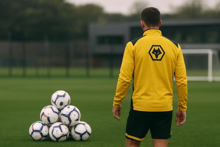 Trainingsbeeld van Wolverhampton Wanderers met Jørgen Strand Larsen in actie, zonder herkenbare gezichten