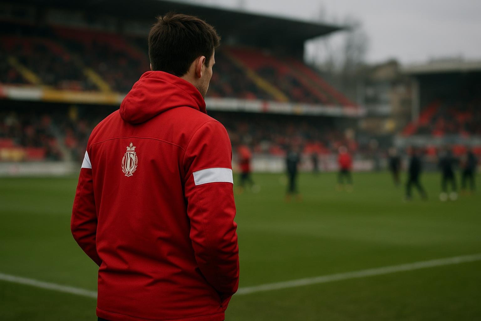 Sfeerbeeld rond Standard Luik met spelers op het veld zonder herkenbare gezichten