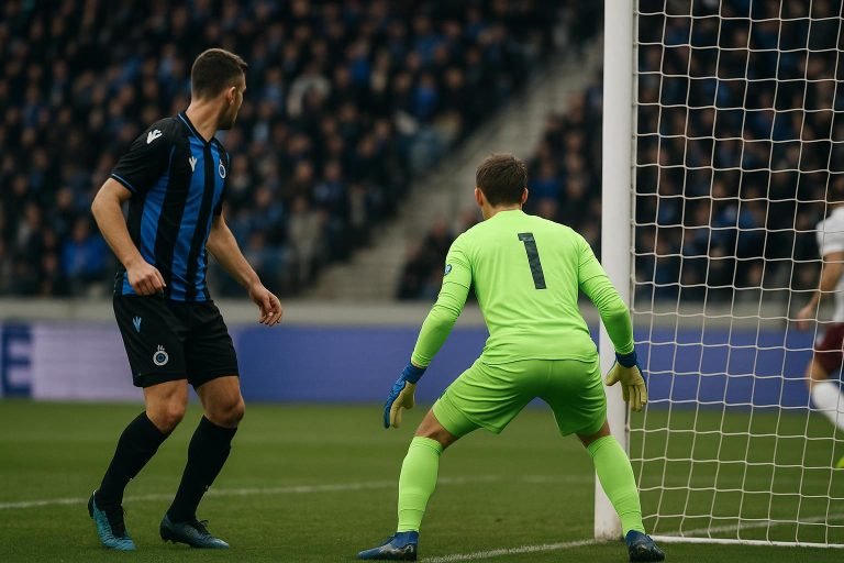Doelmond van Club Brugge tijdens een Champions League-wedstrijd, met de keeper in actie