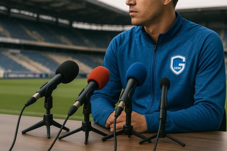 Nicky Hayen van KRC Genk tijdens een persmoment in de Cegeka Arena
