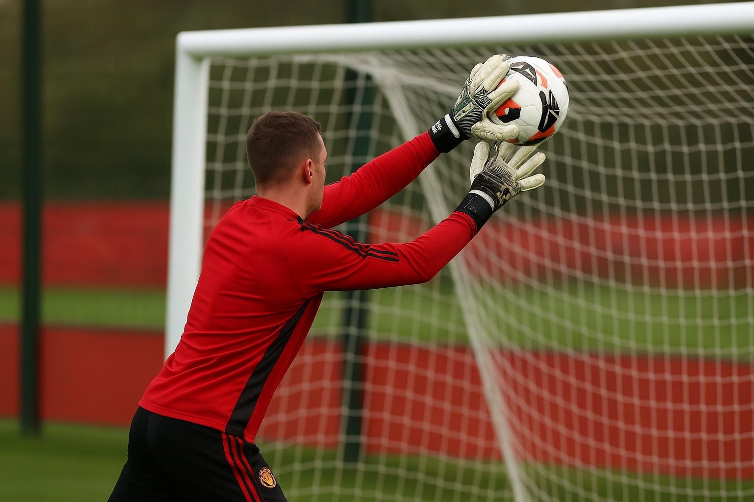 Senne Lammens tijdens een trainingssessie bij Manchester United