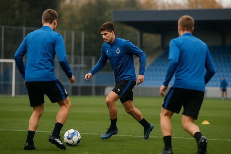 Sfeerbeeld van een training bij Club Brugge met spelers op de achtergrond