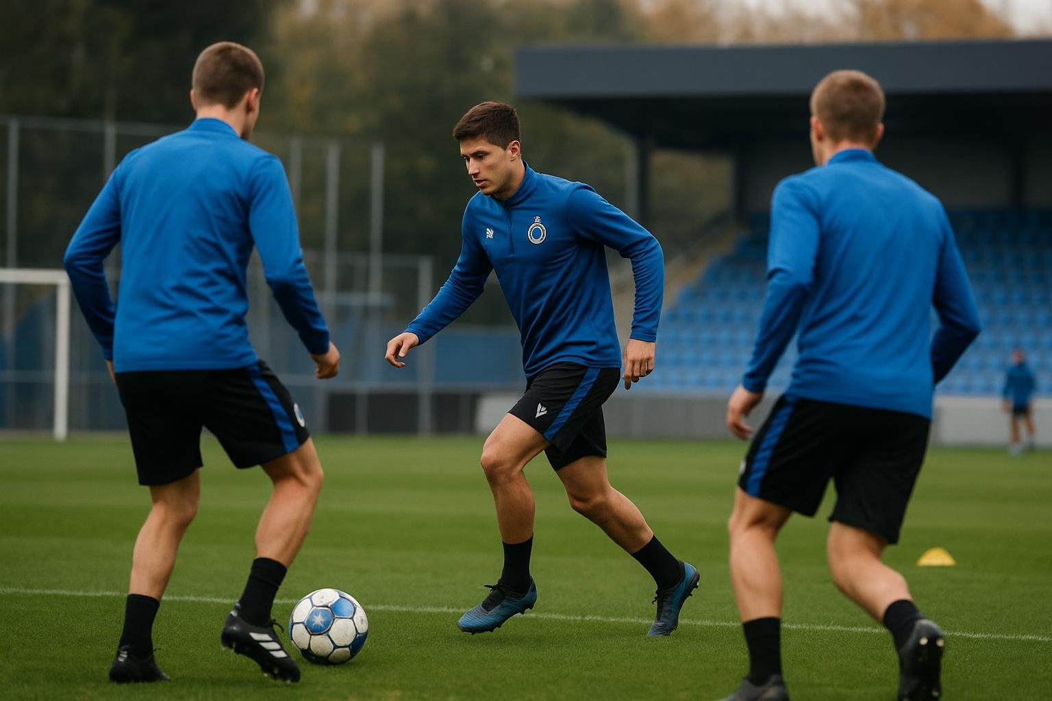 Sfeerbeeld van een training bij Club Brugge met spelers op de achtergrond