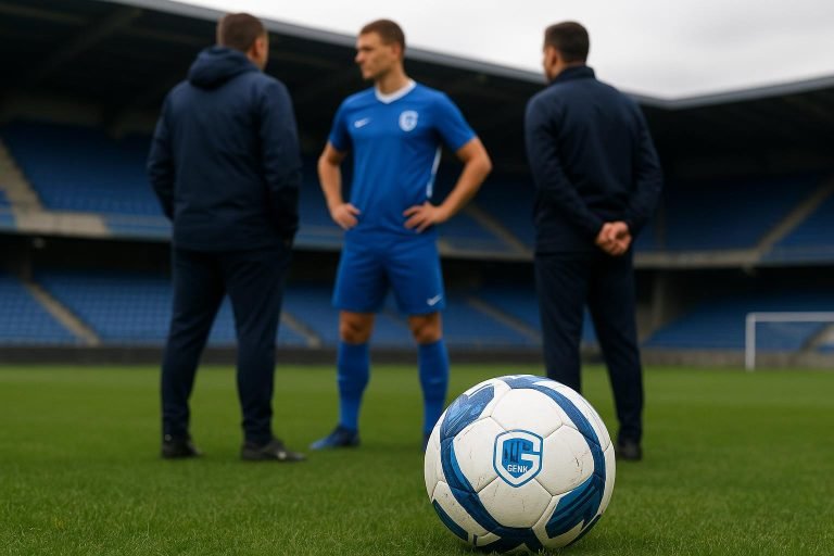 Trainingssituatie bij KRC Genk met spelers op het veld, in de context van de interesse rond Hyun Gyu-Oh