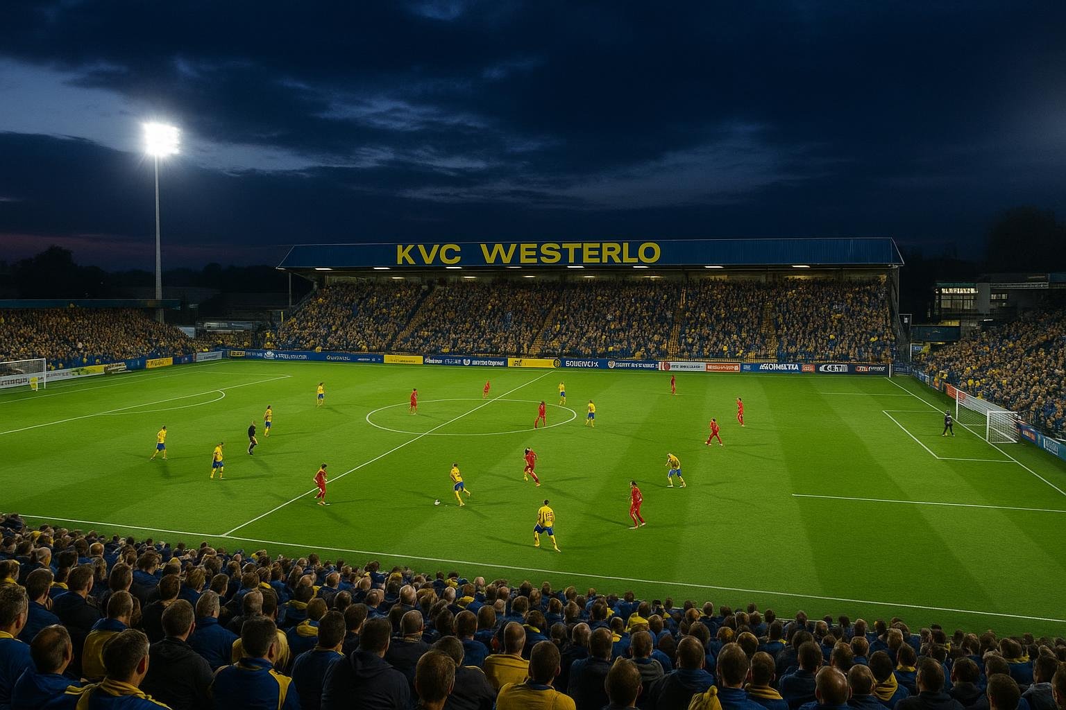 Stadion van KVC Westerlo in avondlicht tijdens transferperiode