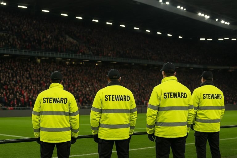 Sfeerbeeld in een Belgisch voetbalstadion tijdens een wedstrijd, met nadruk op veiligheid en zonder pyrotechnisch materiaal.