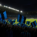 Sfeerbeeld in het stadion van Club Brugge tijdens een avondmatch, zonder herkenbare gezichten